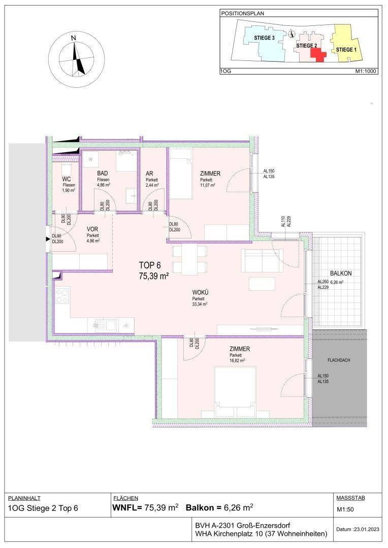 Grundriss für Wohnung Top 6 im ersten Obergeschoss mit Balkon und offenem Wohnbereich.