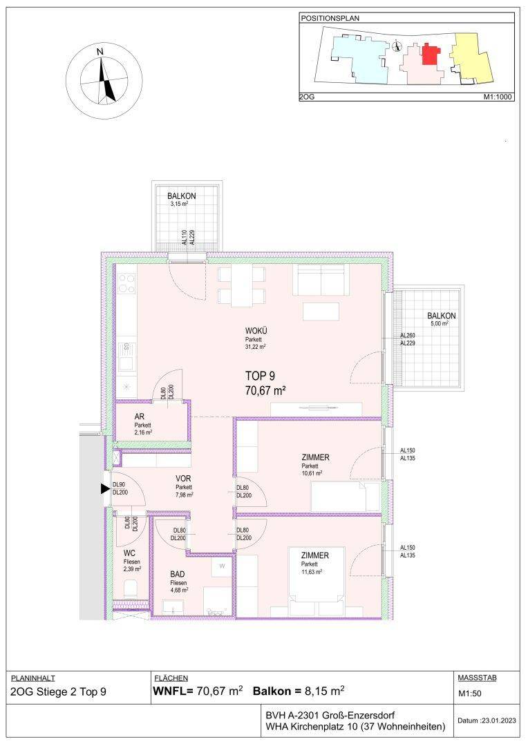 Grundriss für Wohnung Top 9 im zweiten Obergeschoss mit zwei Balkonen und offenem Wohnbereich.