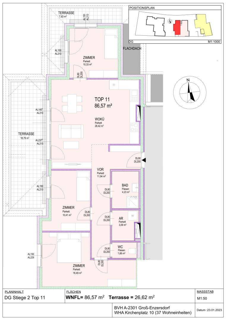 Grundriss für Wohnung Top 11 im Dachgeschoss mit zwei Terrassen und offenem Wohnbereich.