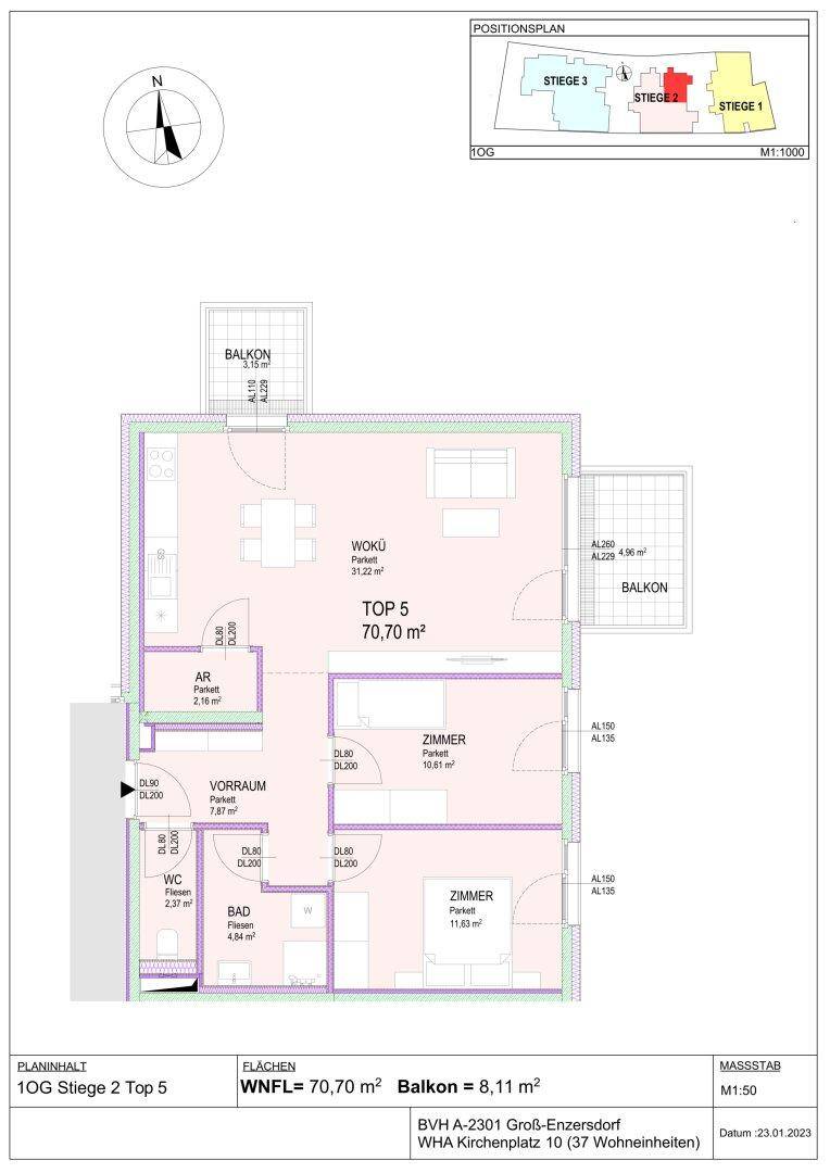 Grundriss für Wohnung Top 5 im ersten Obergeschoss mit zwei Balkonen und offenem Wohnbereich.