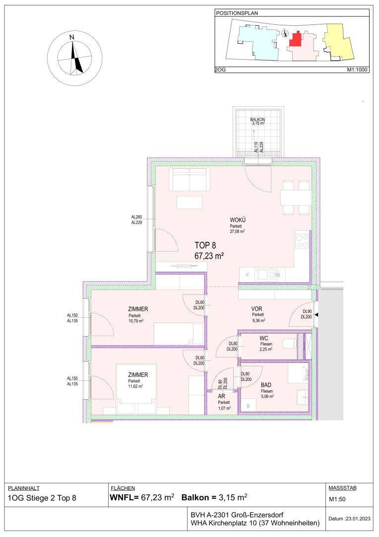 Grundriss für Wohnung Top 8 im ersten Obergeschoss mit Balkon und offenem Wohnbereich.