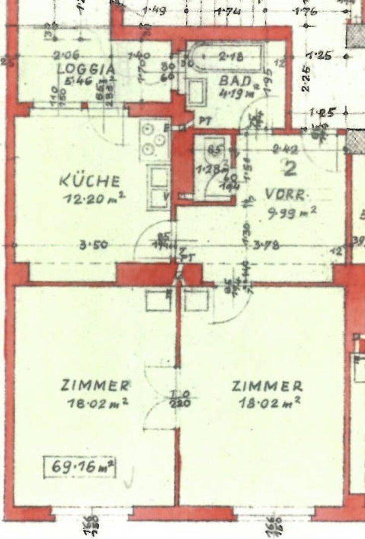 Historischer Grundriss mit Zimmern, Küche, Bad und Loggia, Flächenangaben in m².