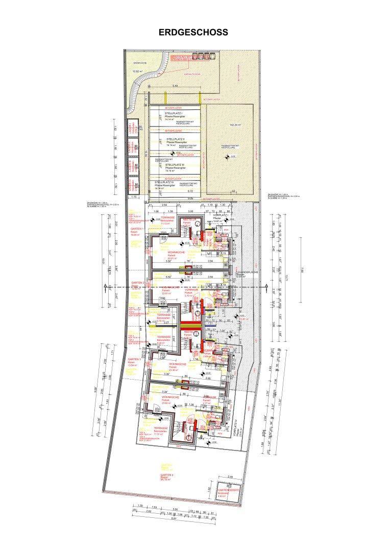 Grundriss des Erdgeschosses mit mehreren Wohneinheiten, Terrassen und Gartenbereichen sowie Stellplätzen.