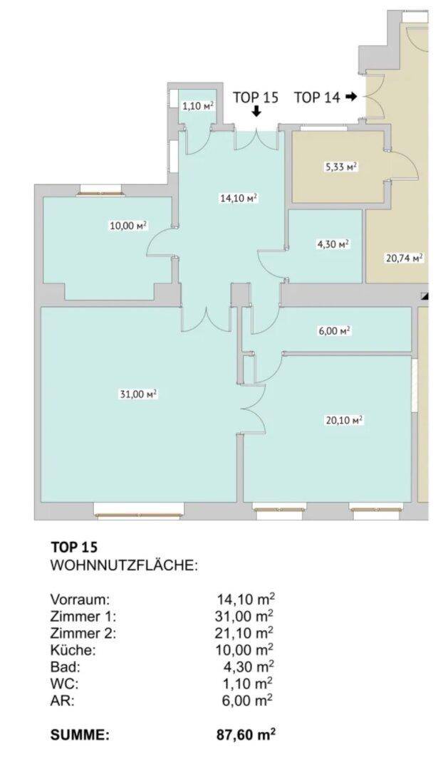 Detaillierter Grundriss der Wohnung TOP 15 mit einer Wohnnutzfläche von 87,60 m².