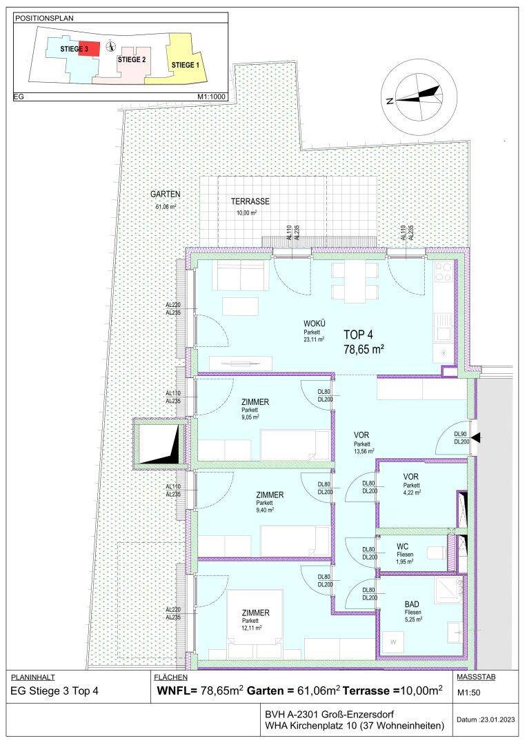 Grundriss einer Wohnung mit offenem Wohn-Essbereich, drei Zimmern, Bad, separatem WC, Terrasse und Garten.