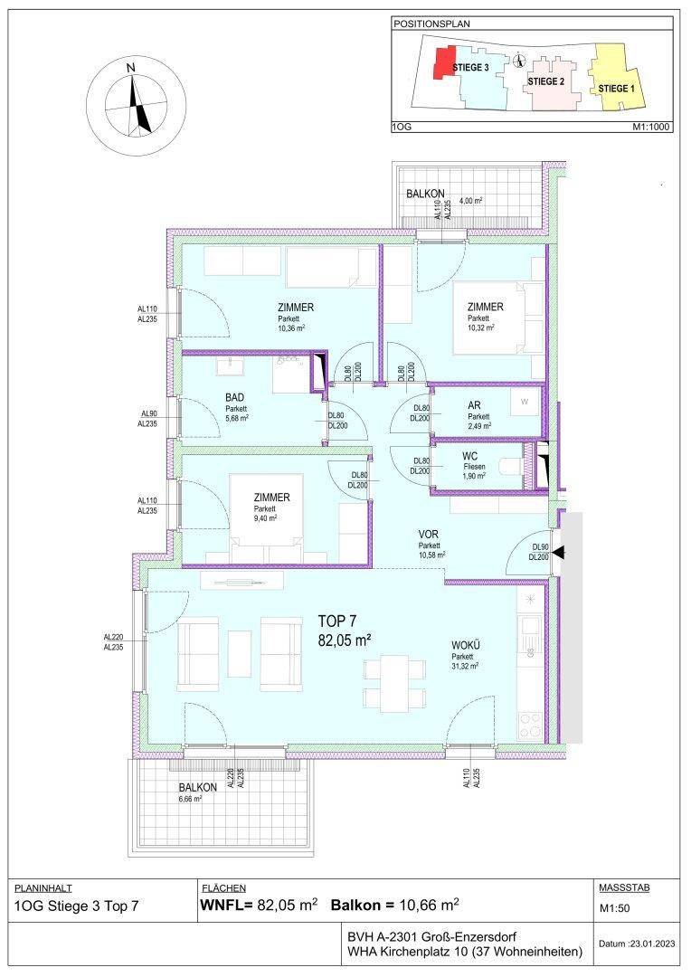 Grundriss der Wohnung TOP 7 mit 82,05 m² Wohnfläche, drei Zimmern, offener Wohnküche und zwei Balkonen.