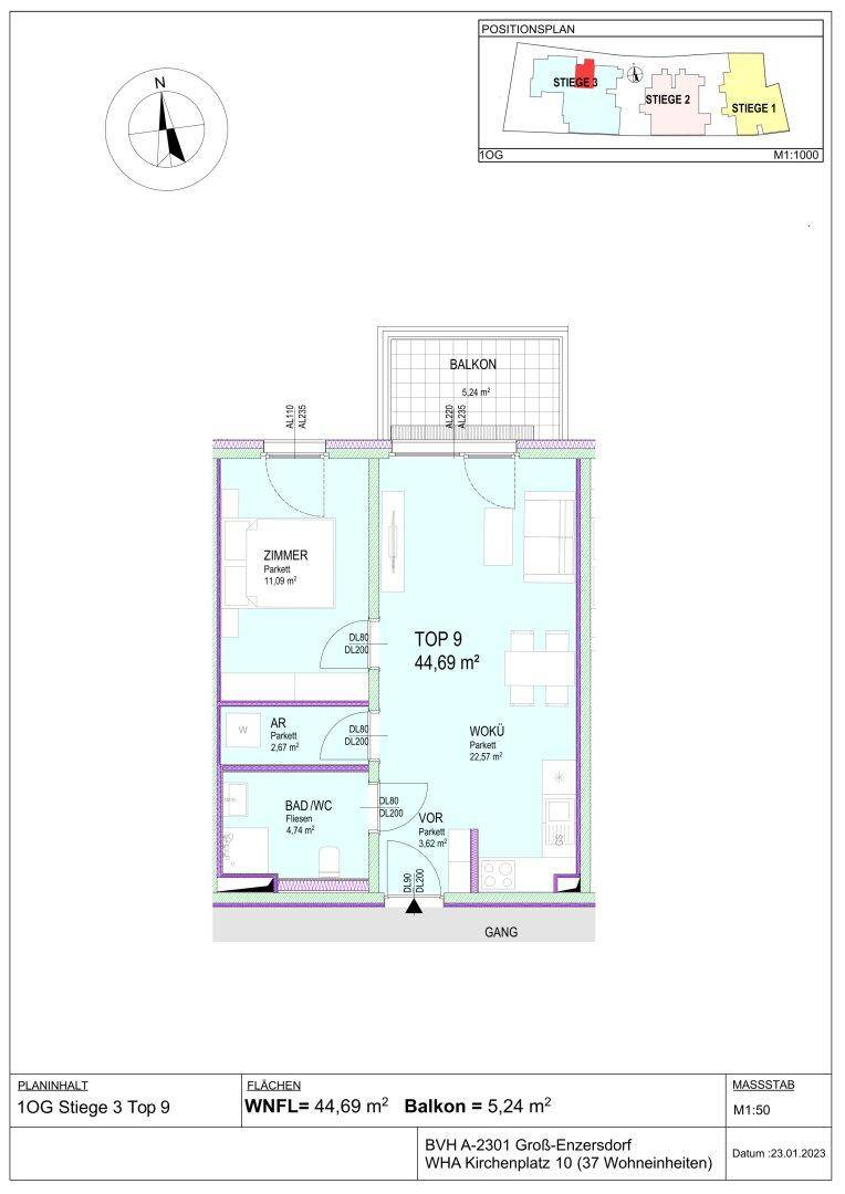 Grundriss einer 1-Zimmer-Wohnung mit offenem Wohn- und Küchenbereich, Balkon und separatem Schlafzimmer.