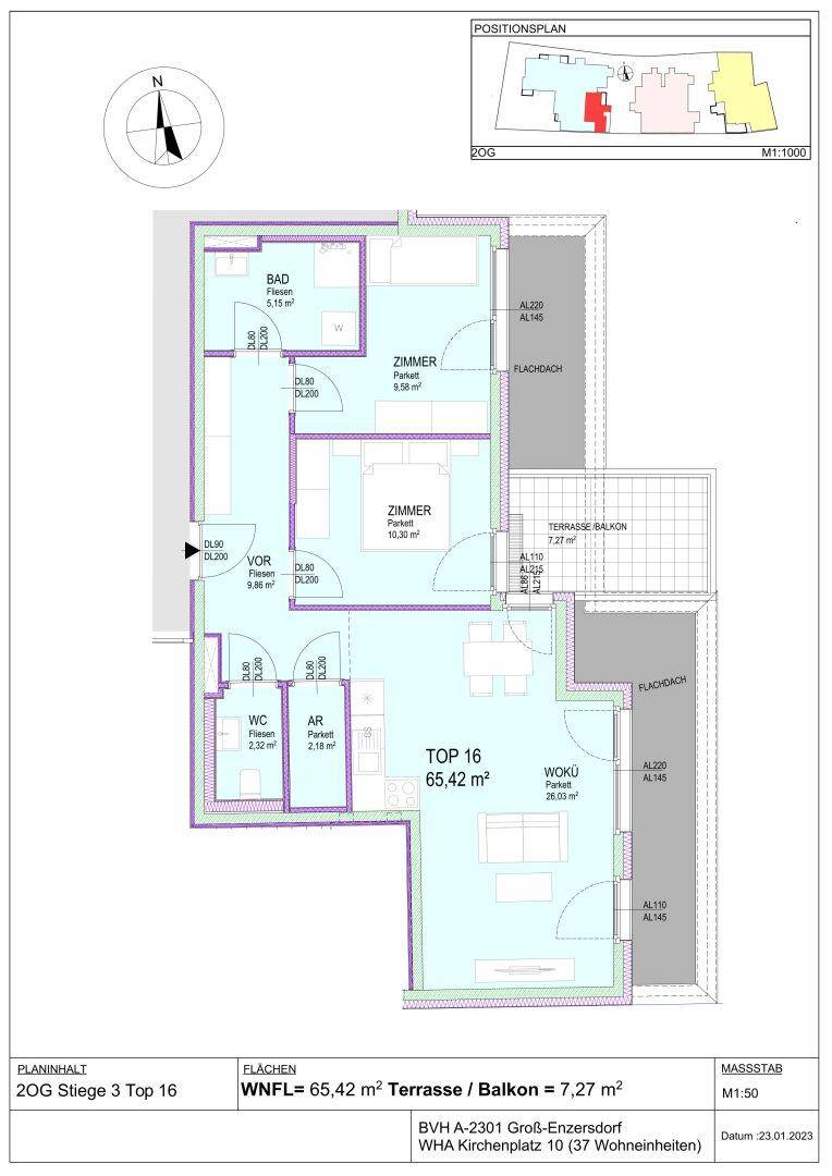 Grundriss der Wohnung TOP 16 mit offener Wohnküche, zwei Zimmern, Bad, separatem WC und Terrasse/Balkon.
