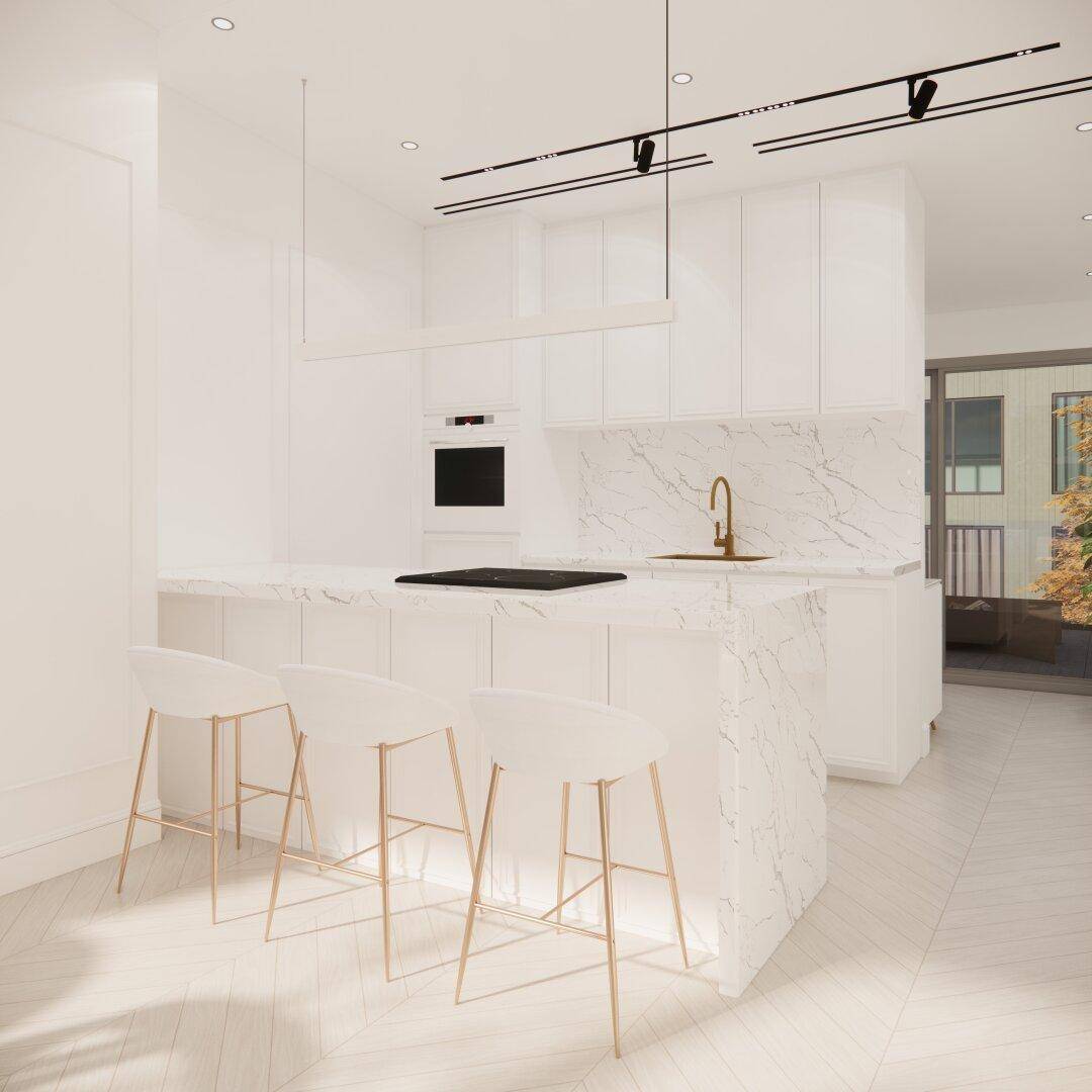 Moderne weiße Küche mit Kochinsel, Marmor-Arbeitsplatten und integrierten Geräten in minimalistischem Design.