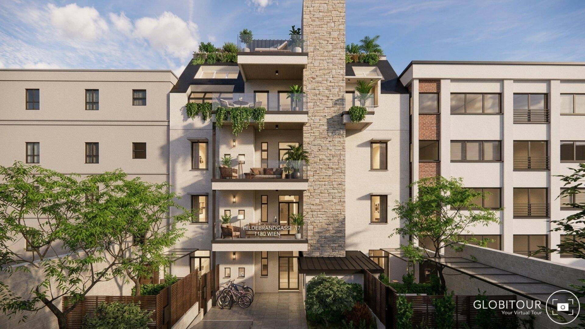 Moderne Gebäudefassade mit mehreren Balkonen, bepflanzten Terrassen und einem begrünten Innenhof.
