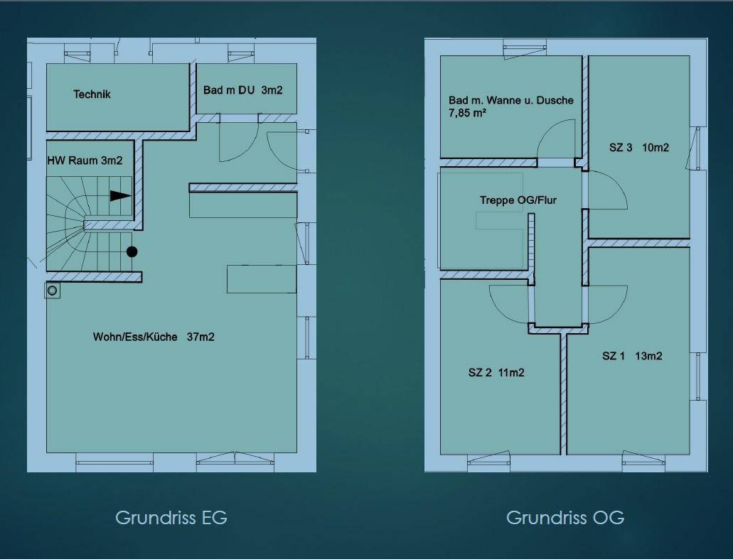 Grundriss des Erd- und Obergeschosses mit offenem Wohnbereich und mehreren Schlafzimmern.