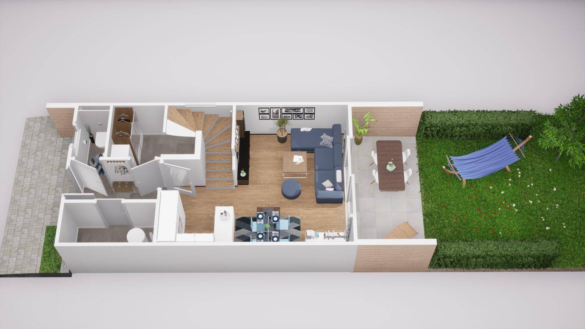 Visualisierter Grundriss des Erdgeschosses mit offenem Wohnbereich und Garten.