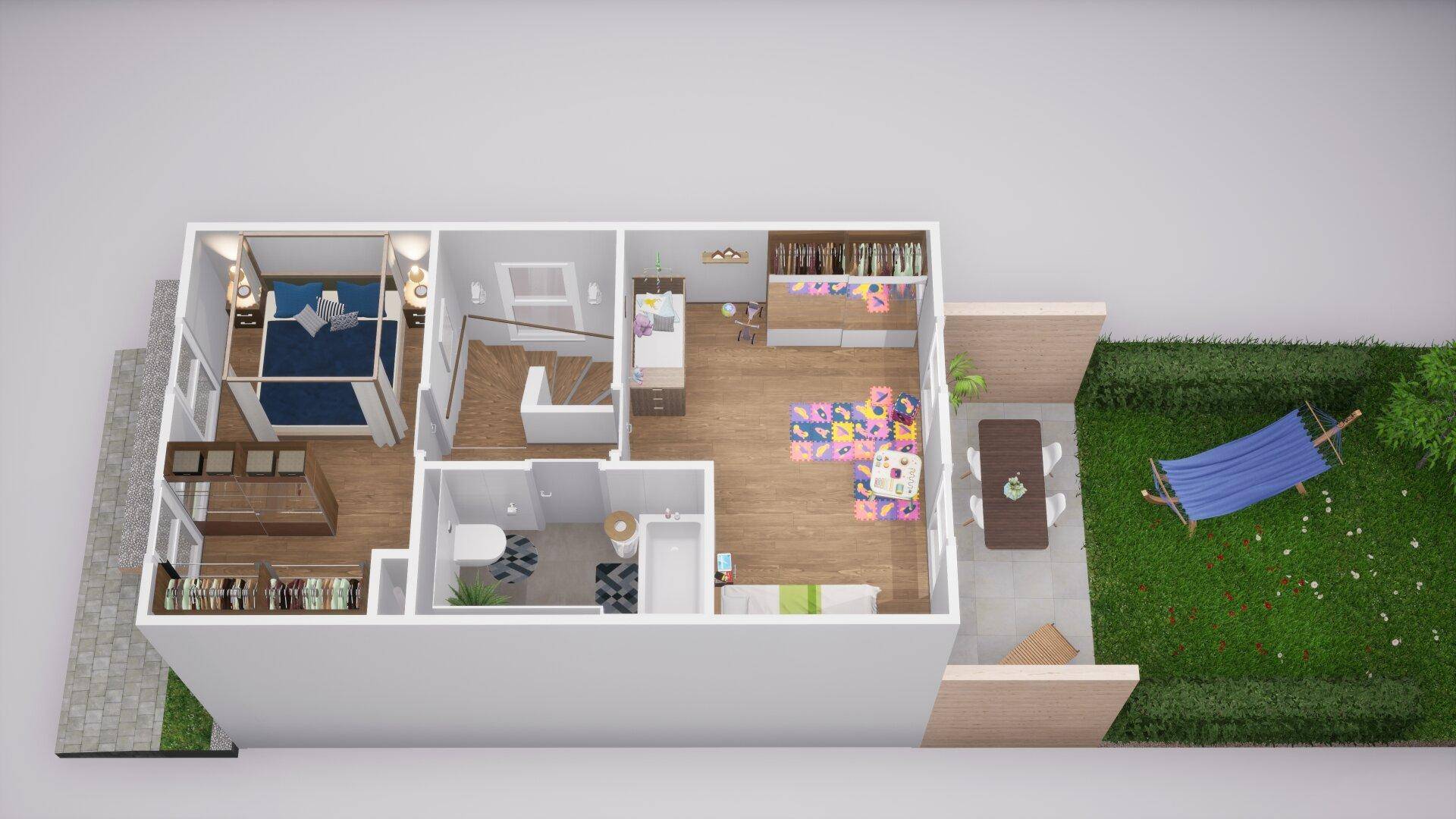 Visualisierter Grundriss des Obergeschosses mit Schlafzimmern und Bad.