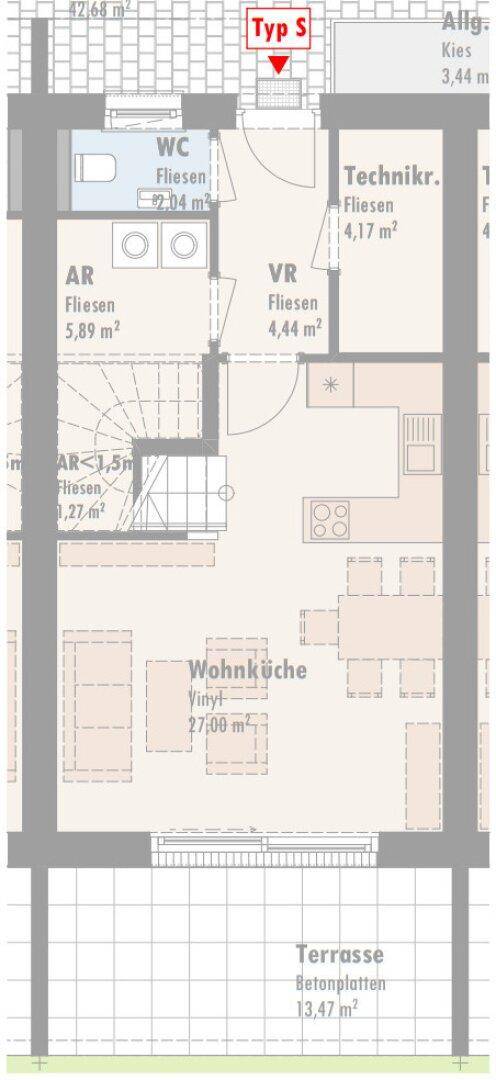 Grundriss des Erdgeschosses mit Wohnküche, Gäste-WC und Terrasse.