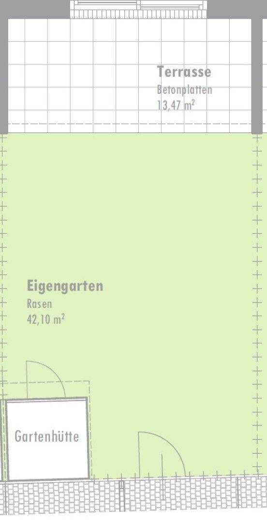 Grundriss des Außenbereichs mit Terrasse, Garten und Gartenhütte.