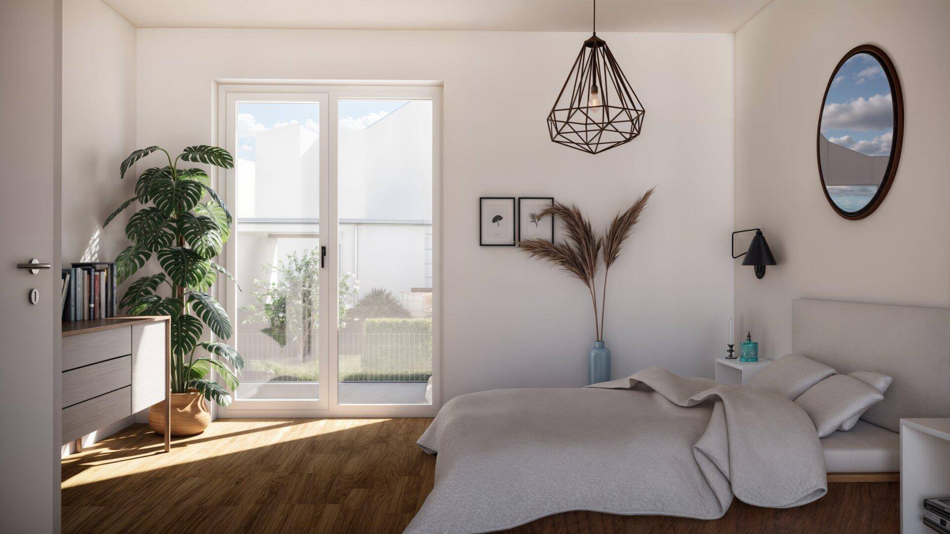 Modernes Schlafzimmer mit Holzboden, großen Fenstern und minimalistischer Einrichtung.
