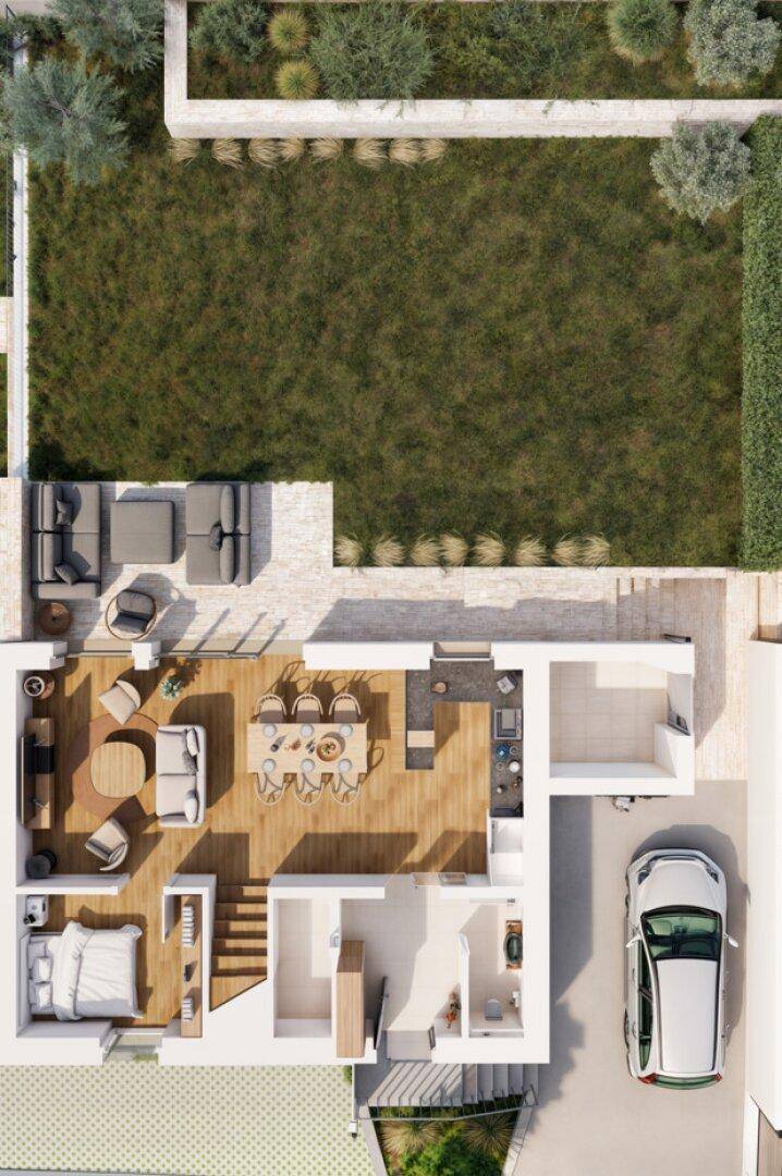 Grundriss des Erdgeschosses mit großem Garten, Terrasse und offenem Wohnbereich.