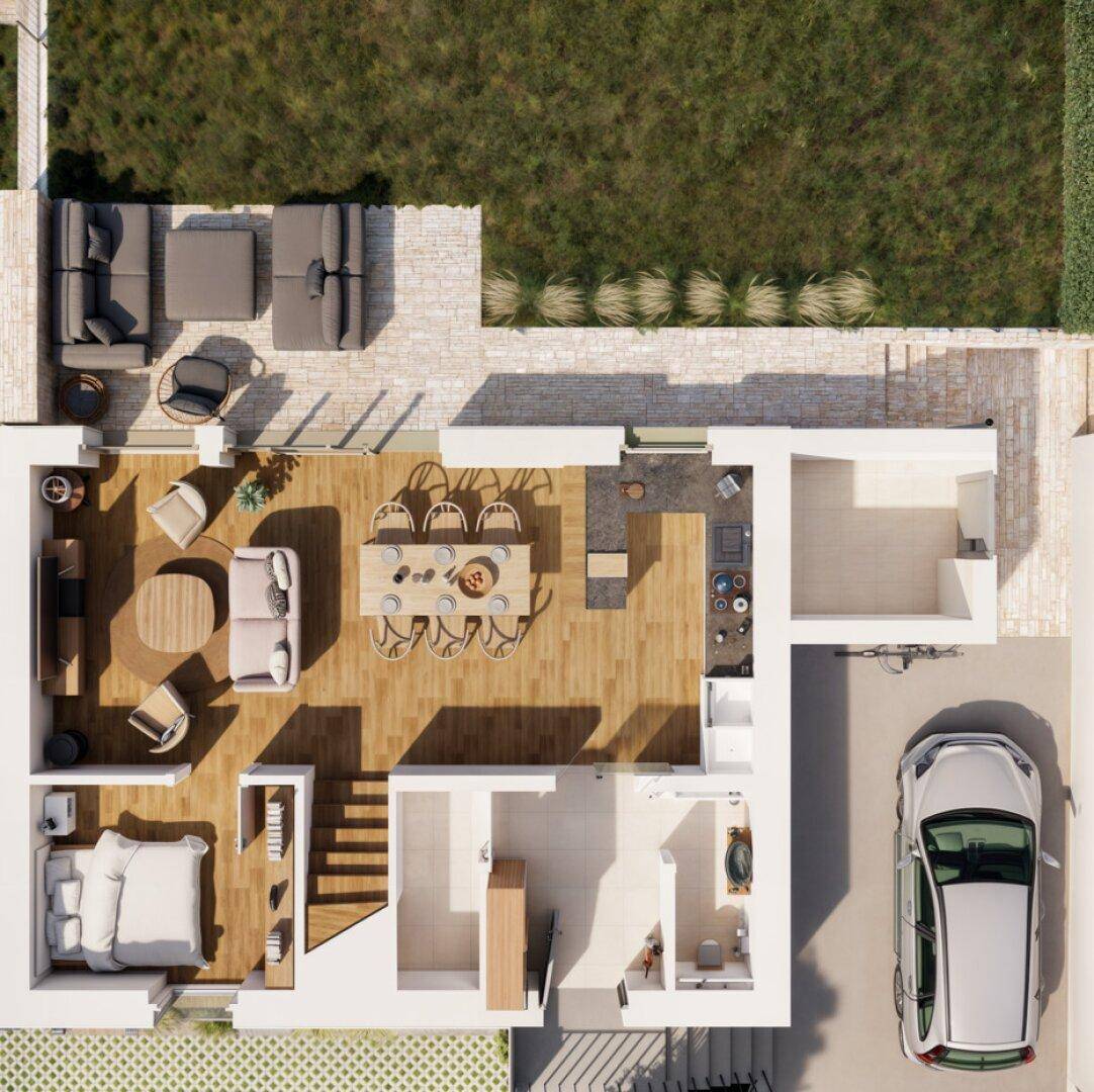 Grundriss des Erdgeschosses mit offenem Wohnbereich, Schlafzimmer, Bad und Garage.