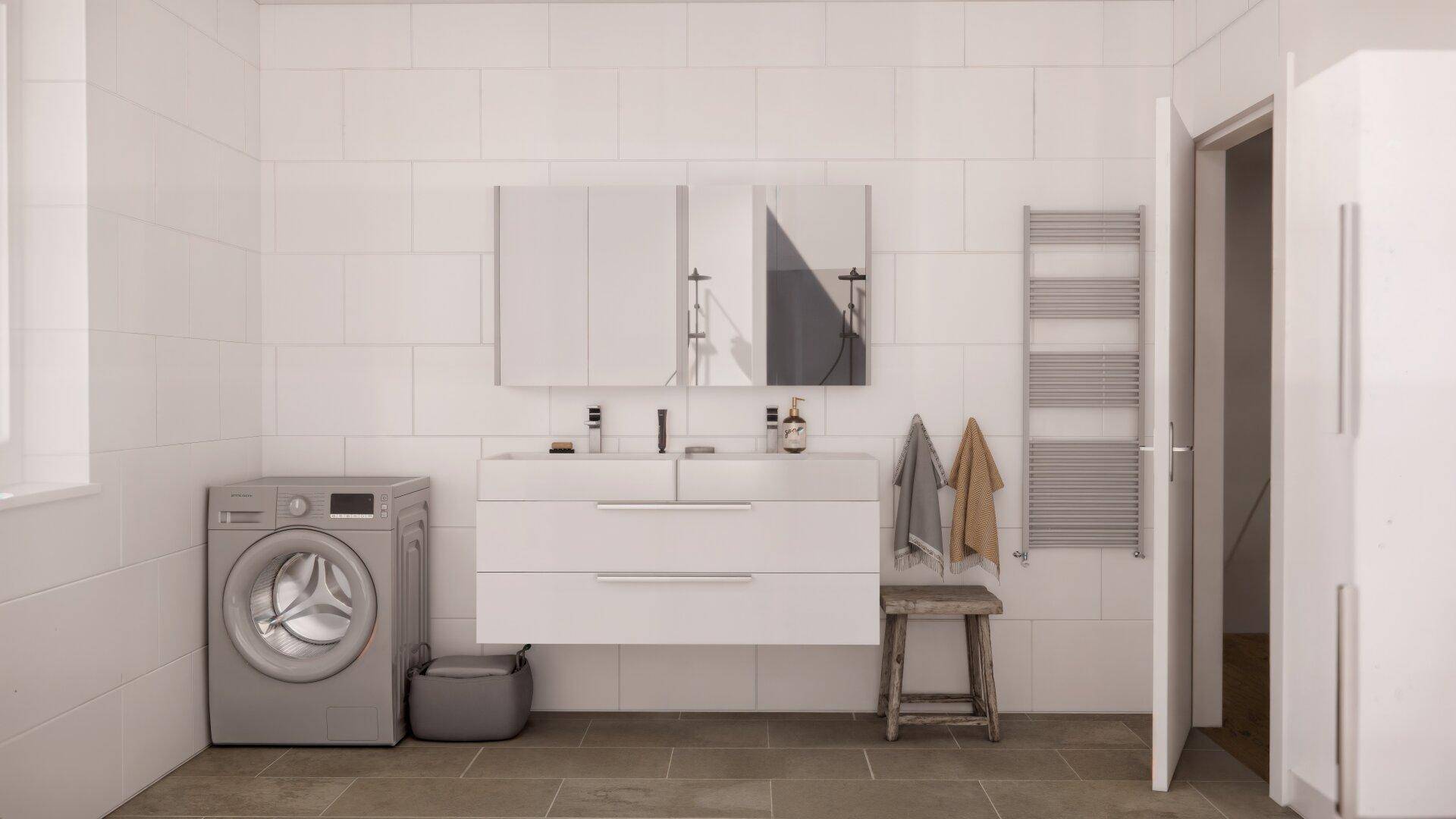 Modernes Badezimmer mit Doppelwaschbecken, beheiztem Handtuchhalter und integrierter Waschmaschine.