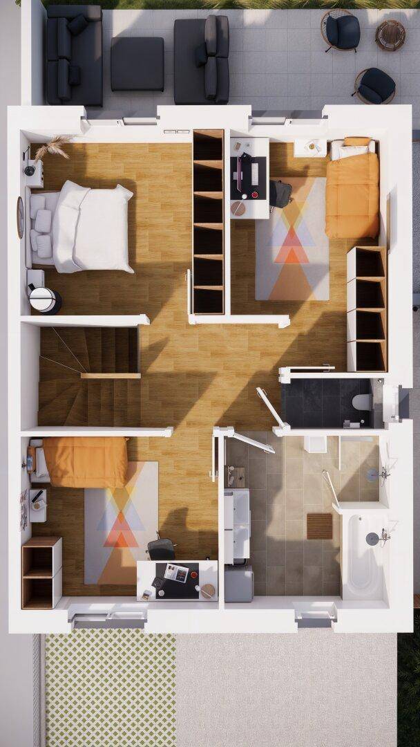 Grundriss des Obergeschosses mit drei Schlafzimmern, einem Badezimmer und Balkonzugang.