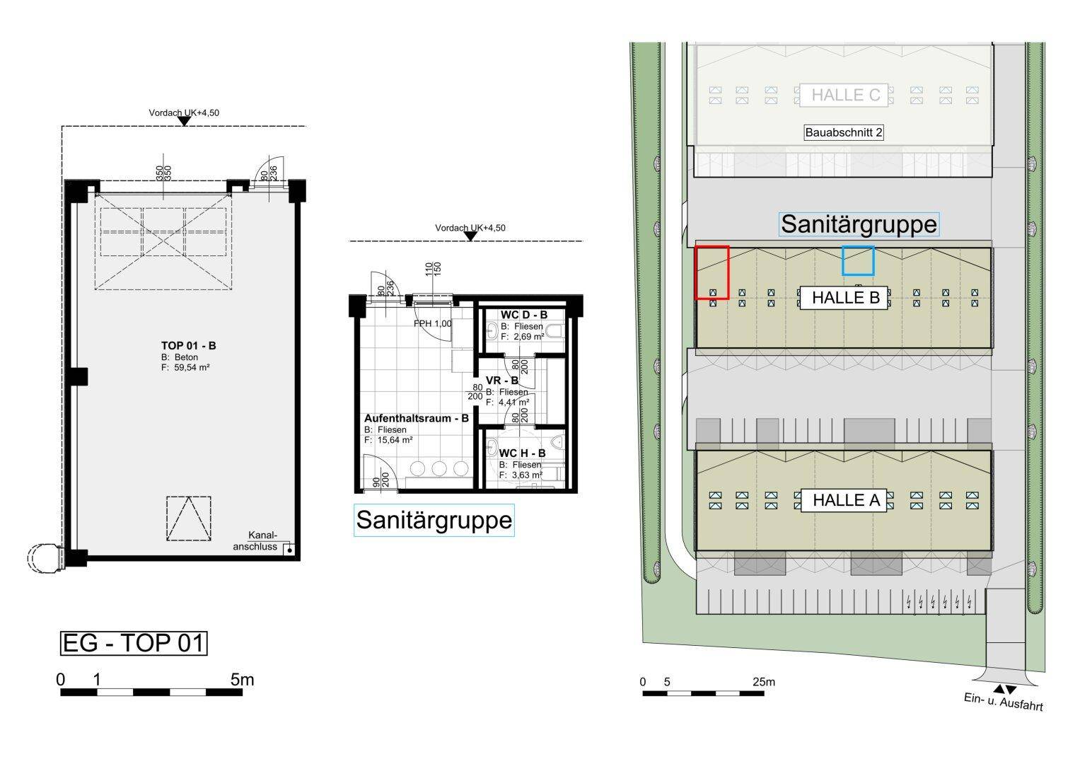 Grundriss einer Gewerbeeinheit mit Sanitärbereich und Übersicht des gesamten Hallenkomplexes.