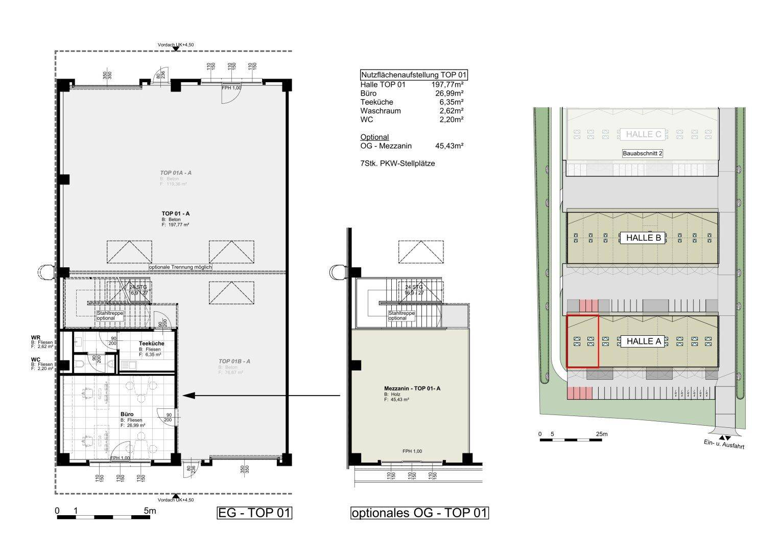 Detaillierter Grundriss einer Gewerbeeinheit mit Erdgeschoss, Mezzanine-Ebene und integriertem Bürobereich.