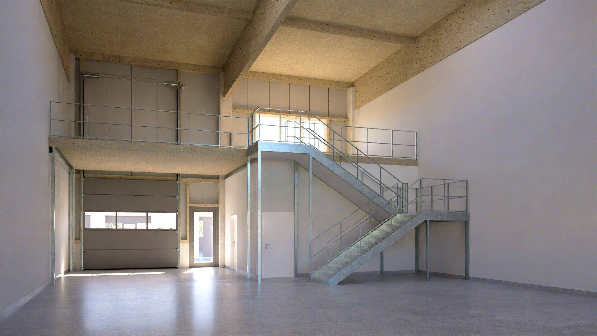 Geräumige Gewerbehalle mit hohen Decken, sichtbaren Holzträgern und einer modernen Metalltreppe zum Mezzanin.