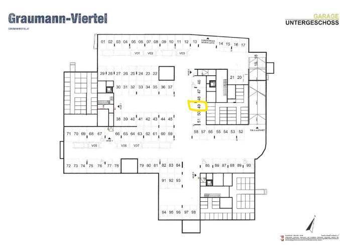 Grundriss des Tiefgaragengeschosses mit zahlreichen Stellplätzen und Zugängen zu den Gebäuden.