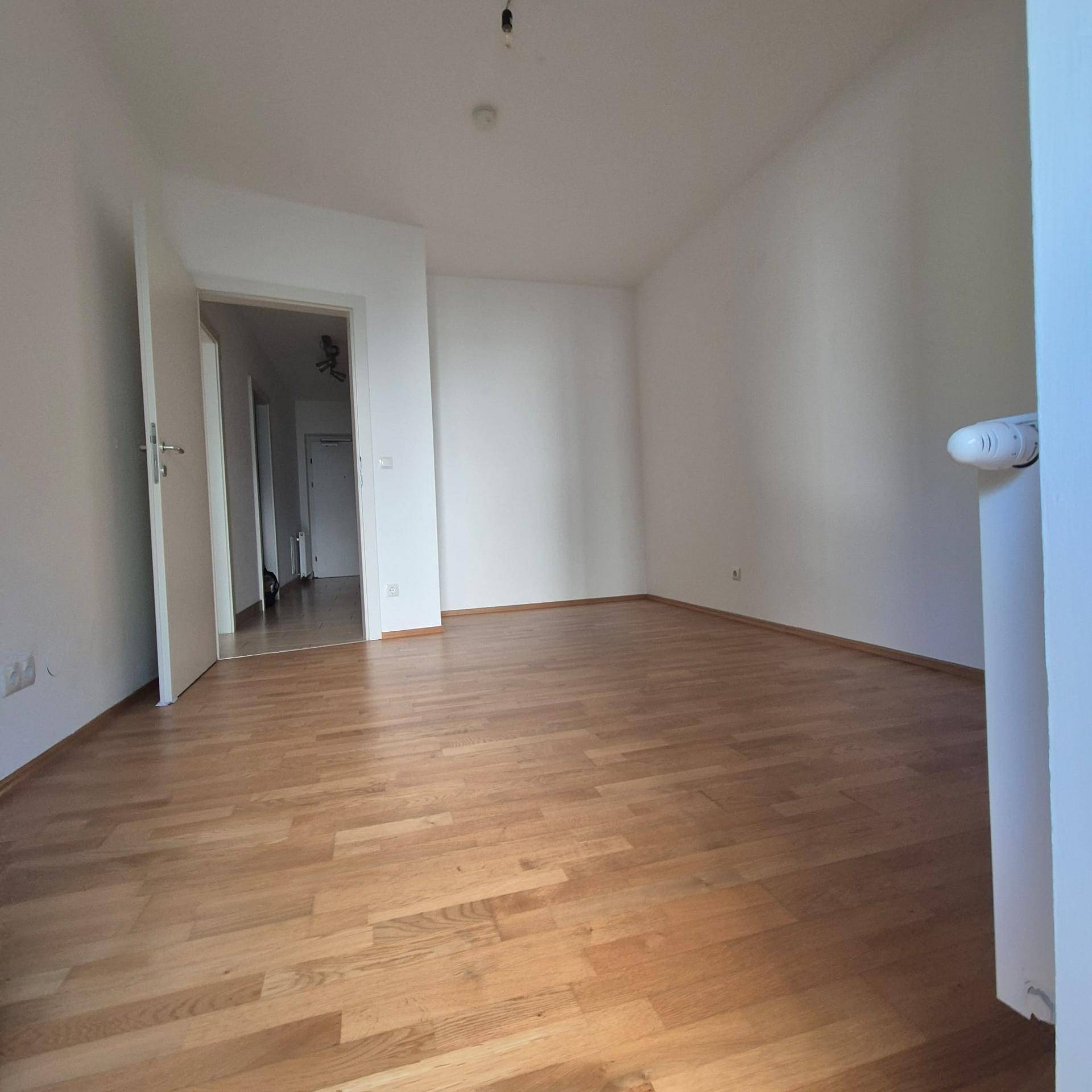 Geräumiges, leeres Zimmer mit Parkettboden und Zugang zu einem Flur.