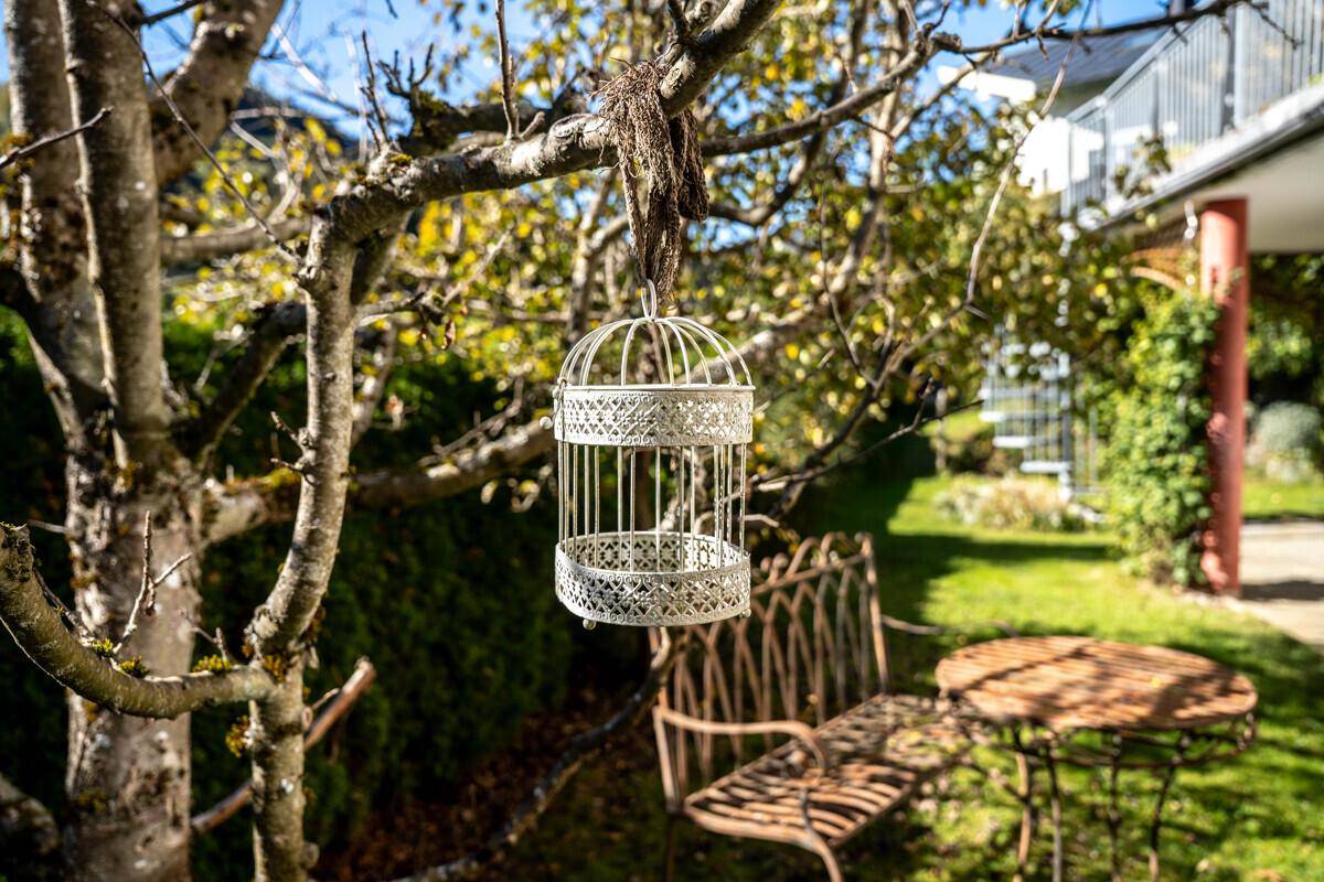 Detailaufnahme einer dekorativen Vogelvoliere in einem sonnigen Gartenbereich mit Sitzgelegenheiten.