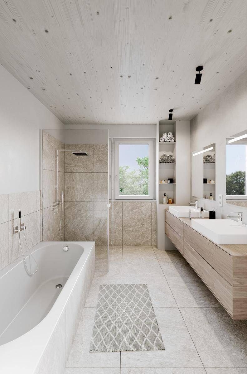 Modernes Badezimmer mit Badewanne, begehbarer Dusche, Doppelwaschbecken und Fenster für Tageslicht.