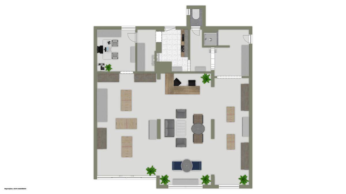 Grundriss: Offener Wohnbereich, separate Küche, zwei Schlafzimmer, Bad mit Dusche, Gästetoilette und Terrasse.