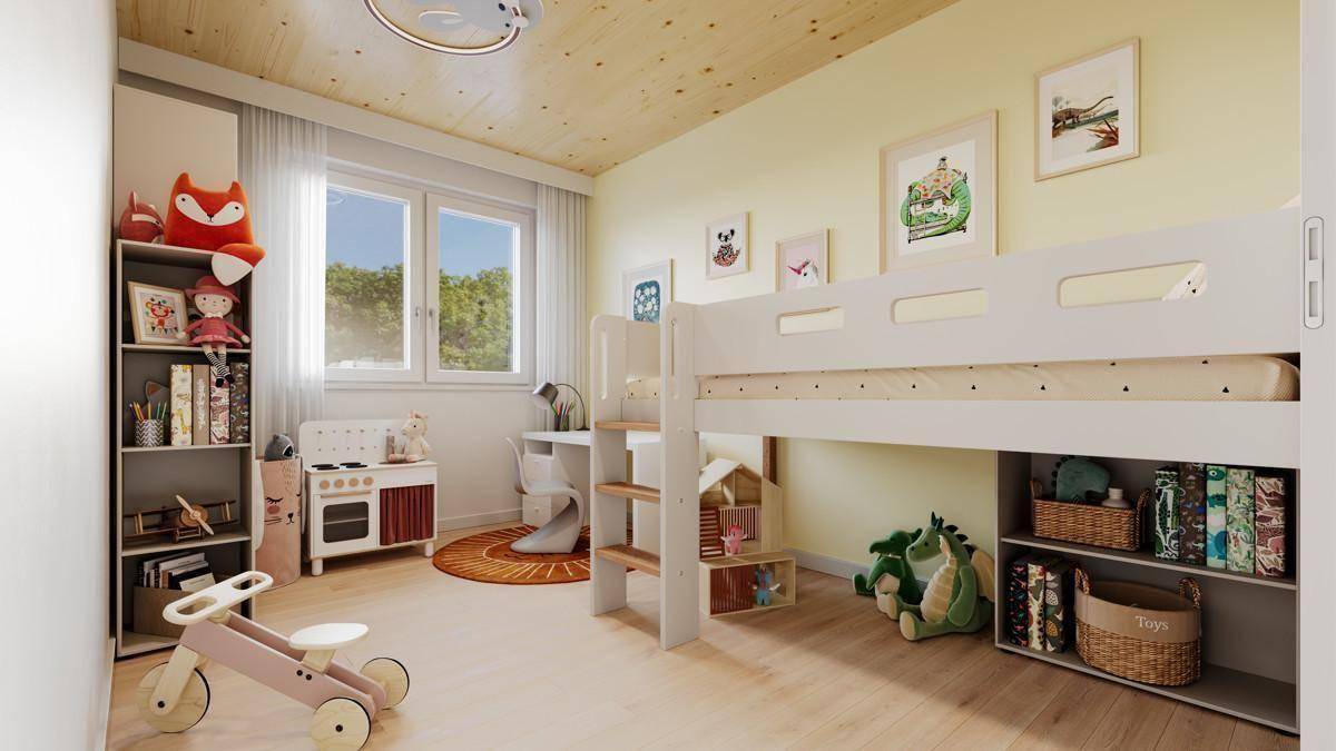 Freundliches Kinderzimmer mit Hochbett, Spielzeug und hellem Holzboden, ideal für kleine Bewohner.