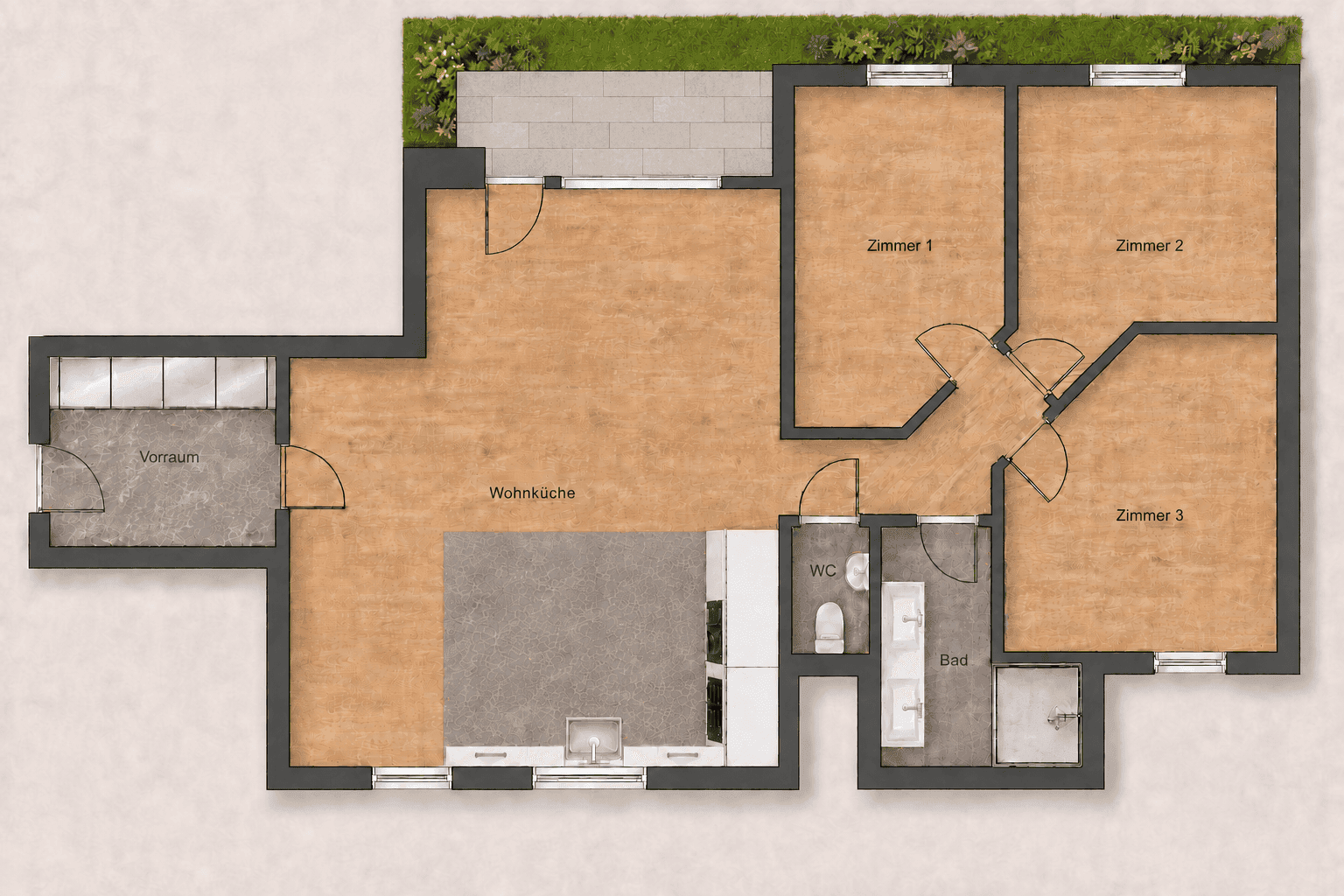 Grundriss der Wohnung mit Wohnküche, drei Zimmern und Bad.