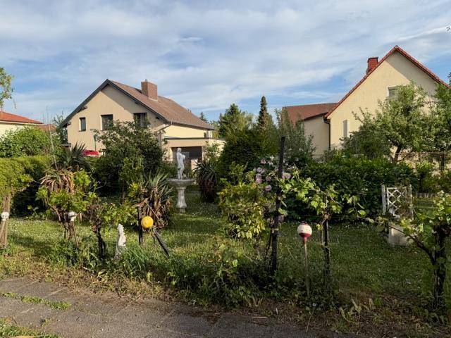 Großer Garten mit Rasen, Bäumen, Sträuchern und einem Brunnen im Hintergrund.