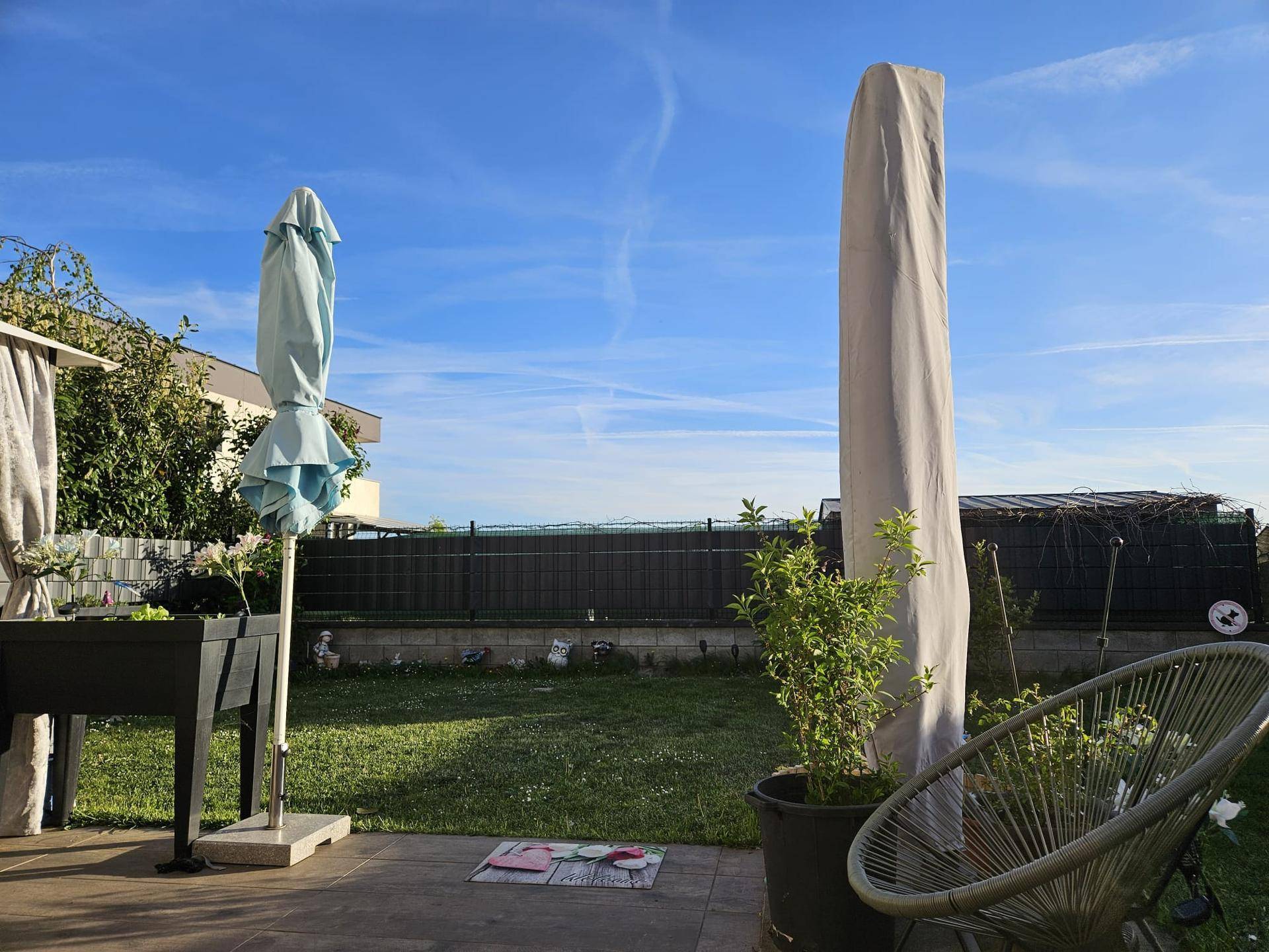 Gepflegter Gartenbereich mit Rasenfläche, Pflanzen und Sonnenschirm.