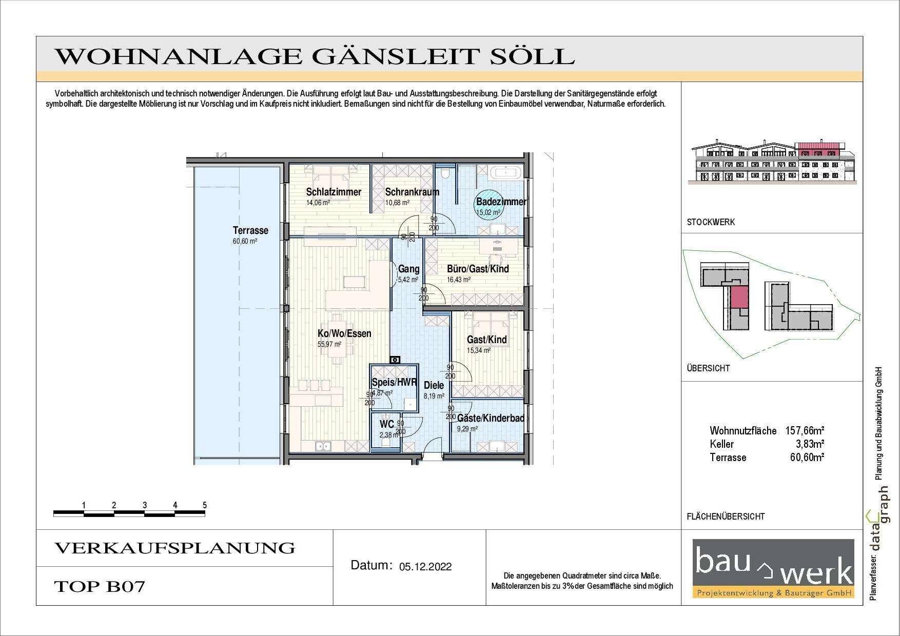 Detaillierter Grundriss der Wohnung TOP B07 mit offener Wohnküche und großer Terrasse.