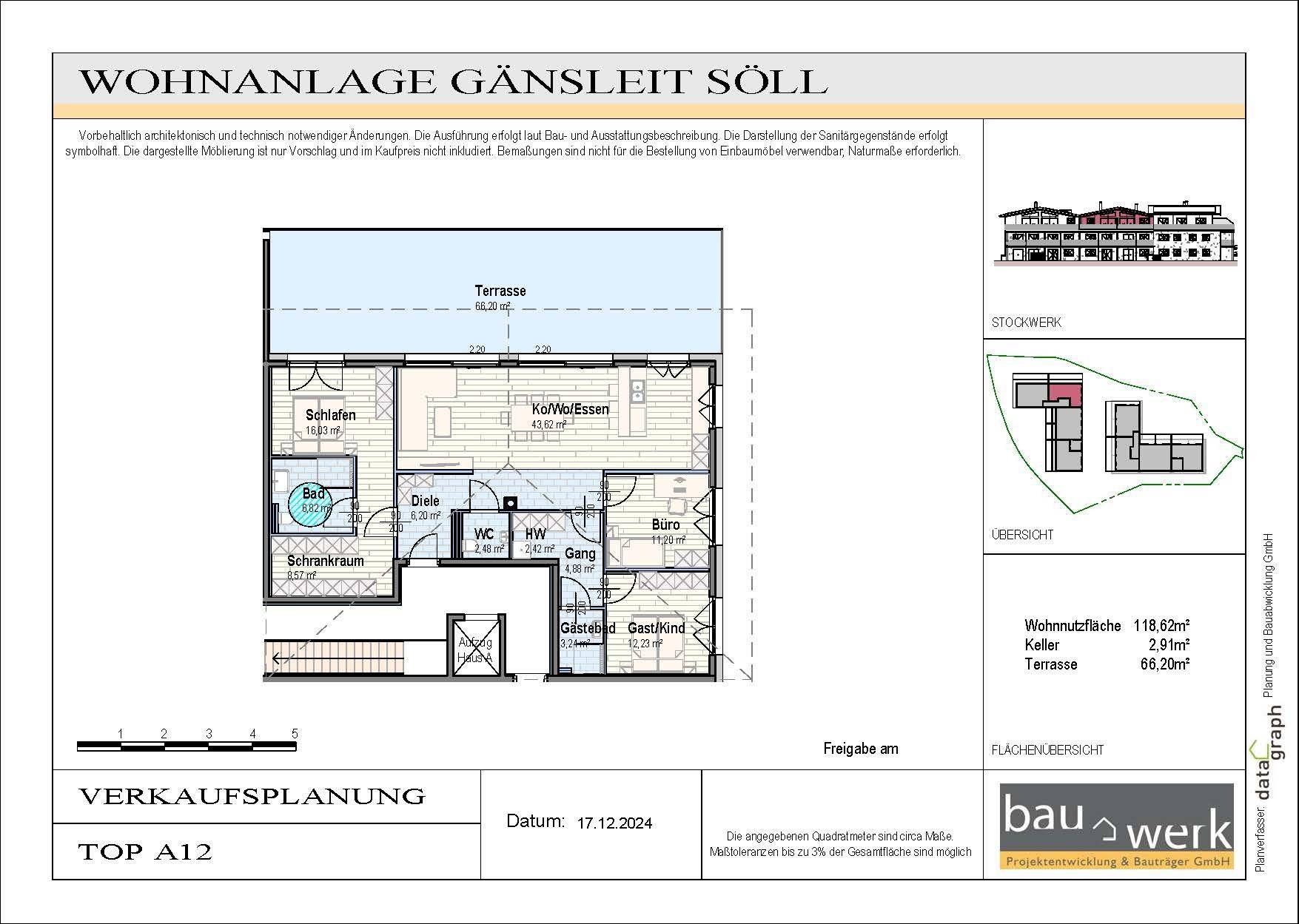Detaillierter Grundriss der Wohnung A12 mit Terrasse, Schlafzimmern und offenem Wohnbereich.