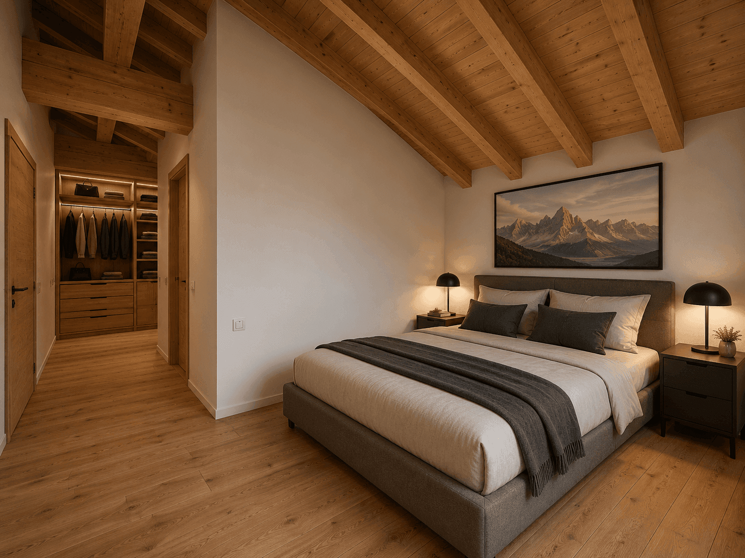 Helles Schlafzimmer mit Holzboden, Holzbalkendecke und Zugang zu einem begehbaren Kleiderschrank.