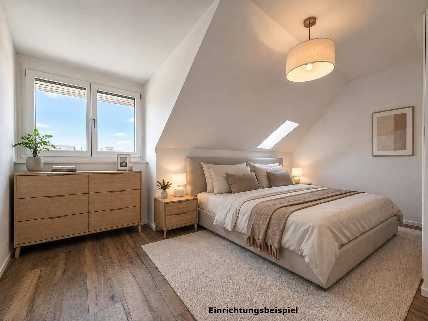 Gemütliches Schlafzimmer im Dachgeschoss mit Holzboden, schrägen Wänden und einem Fenster, als Einrichtungsbeispiel.