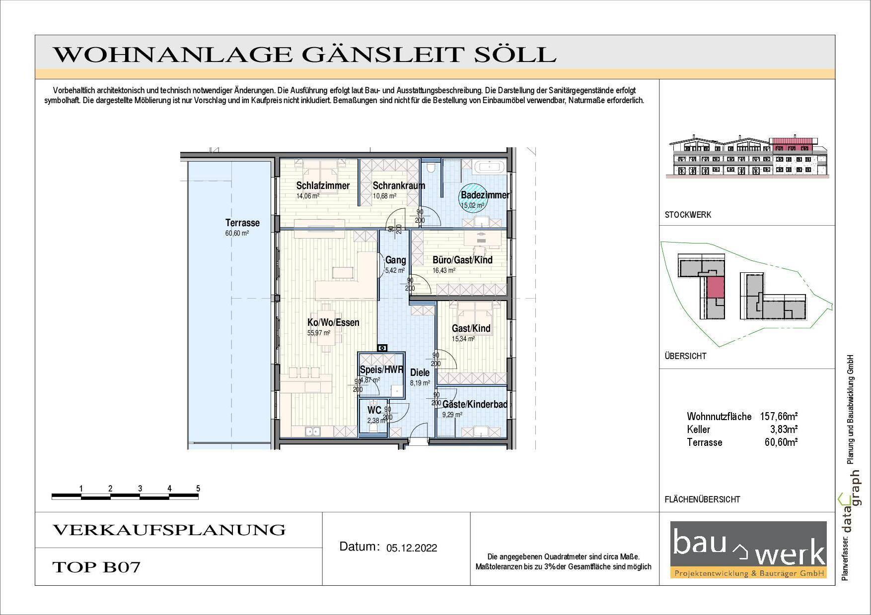 Detaillierter Grundriss einer Wohnung mit Terrasse, Schlafzimmern und Bädern.