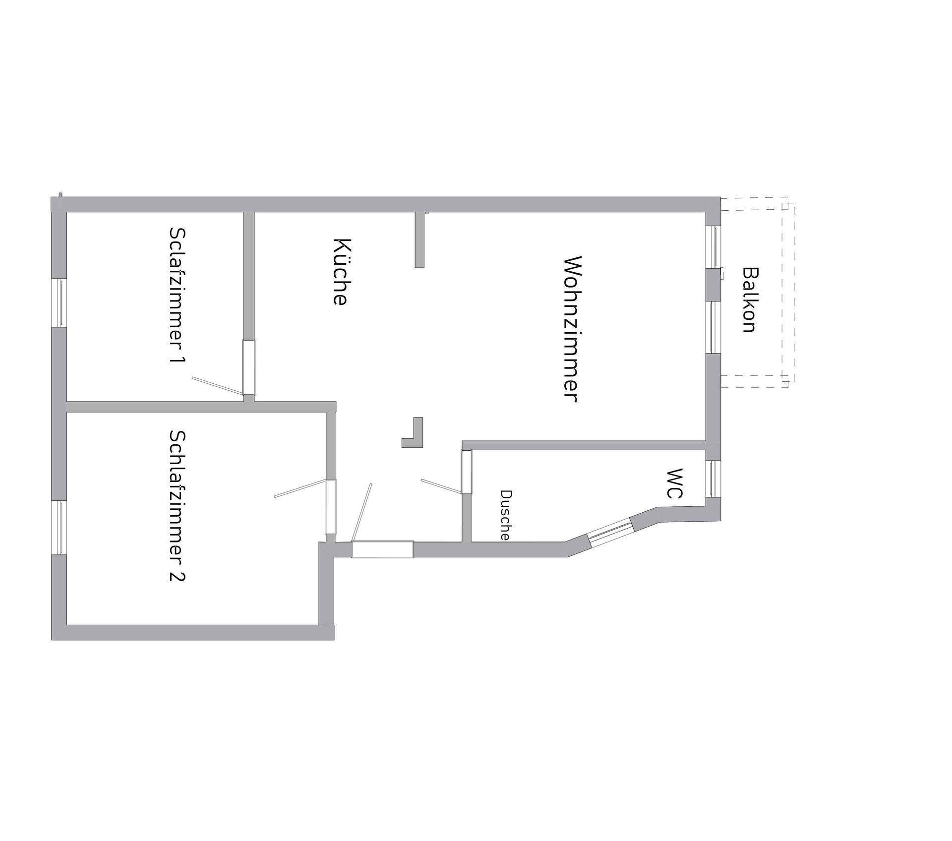 Grundrissplan mit zwei Schlafzimmern, Wohnzimmer, Küche, Balkon und separatem WC.