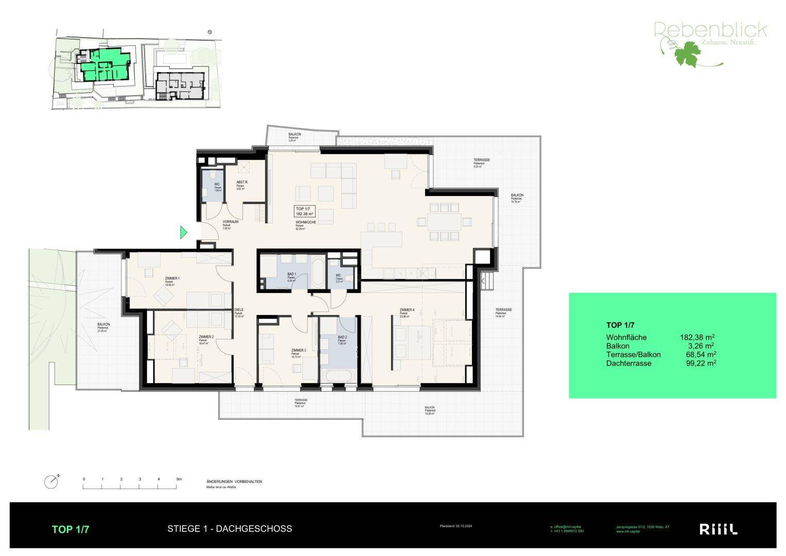 Grundriss einer Dachgeschosswohnung mit offenem Wohnbereich, mehreren Schlafzimmern und großzügigen Terrassen.