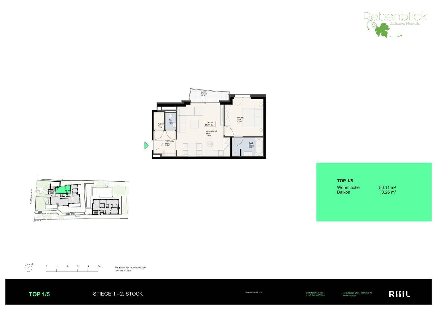 Grundriss einer Wohnung mit 50,11 m² Wohnfläche und einem 3,20 m² großen Balkon.