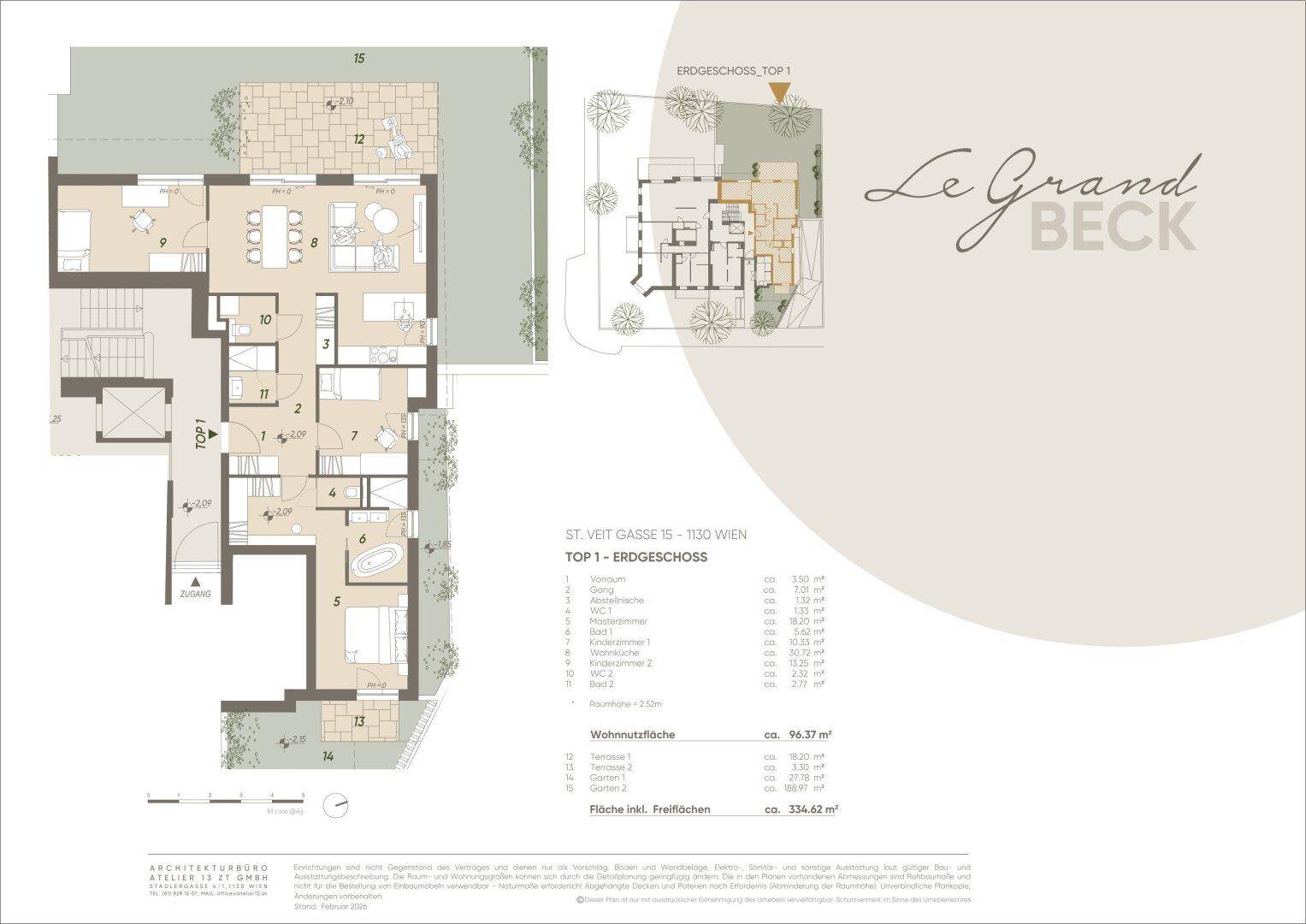 Detaillierter Grundriss einer Erdgeschosswohnung mit offener Raumaufteilung, Terrasse und Gartenbereich.