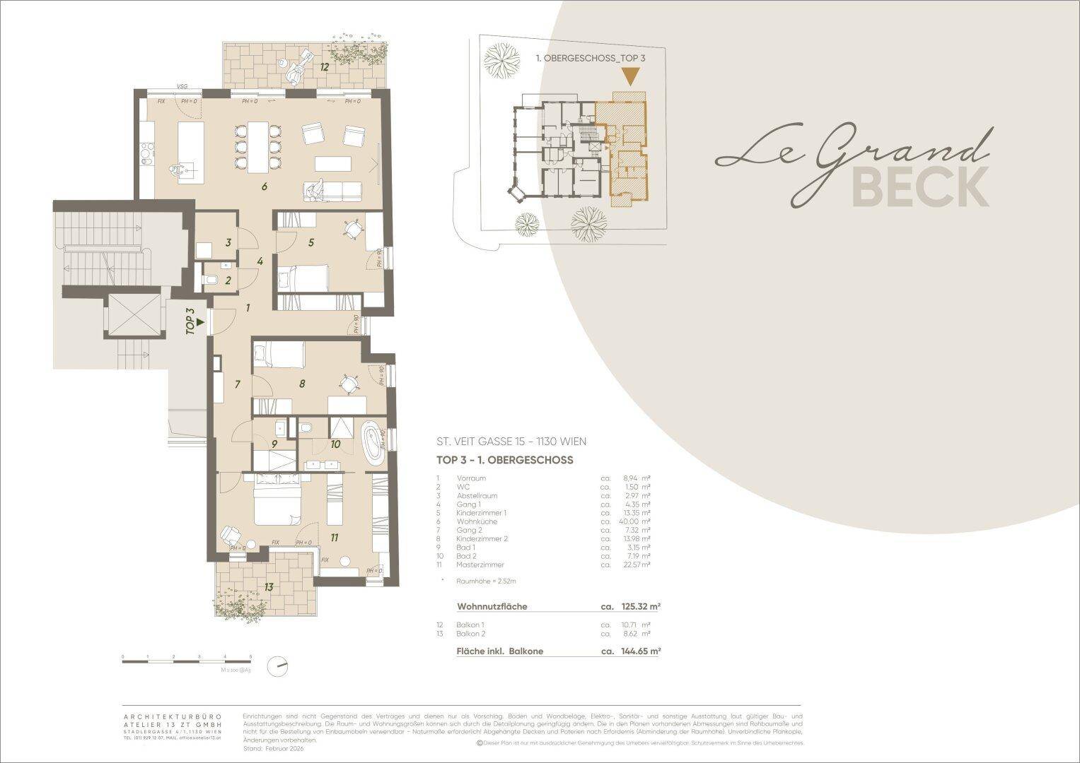 Grundriss der Wohnung Top 3 im ersten Obergeschoss mit Balkonen und offenem Wohnbereich.