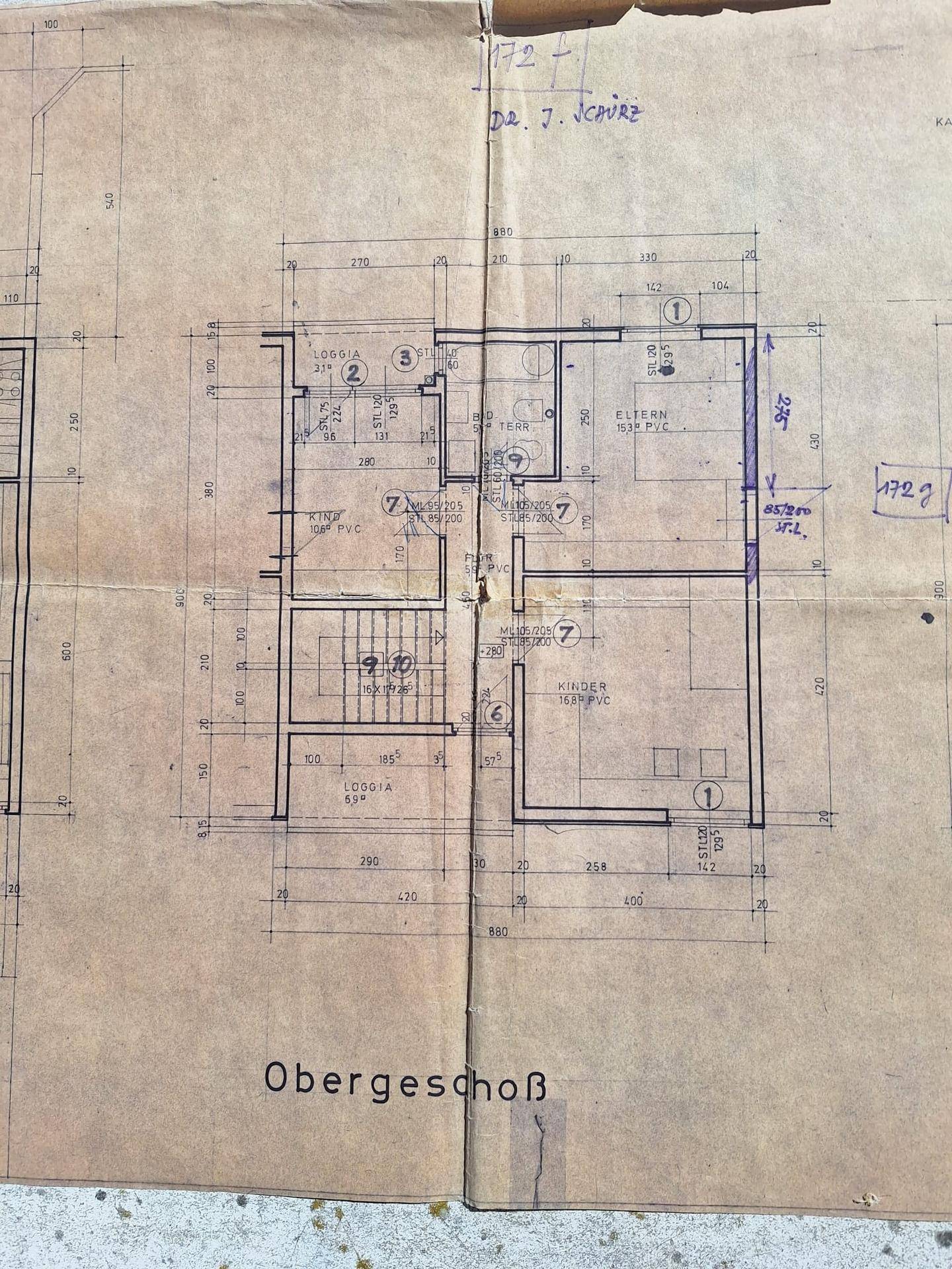 Historischer Grundriss des Obergeschosses mit Schlafzimmern und Loggien.
