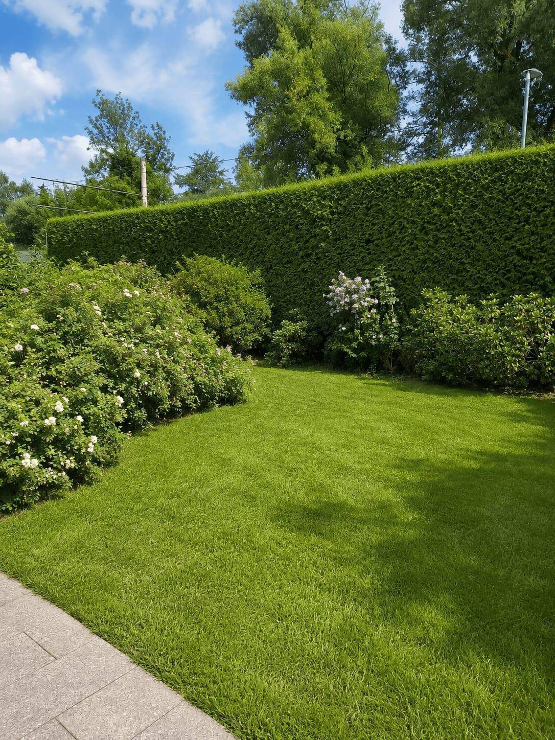 Gepflegter Garten mit Rasenfläche und hoher Hecke, umgeben von üppigem Grün.