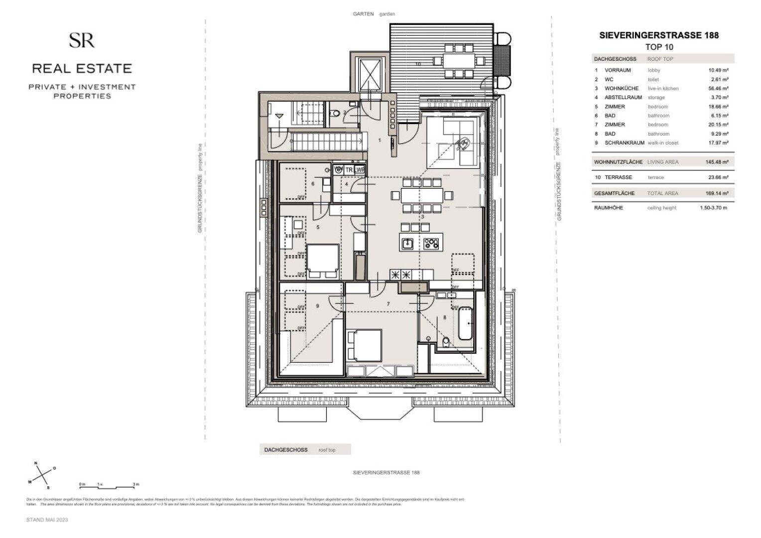 Detaillierter Grundriss des Dachgeschosses mit Wohnküche, Schlafzimmern und Terrasse.