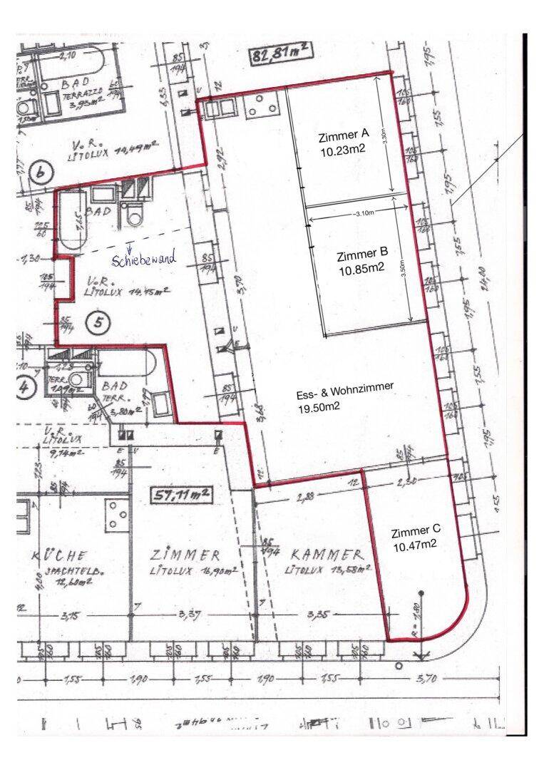 Grundrissplan einer Wohnung mit mehreren Zimmern und Gesamtfläche von 82,81 m².